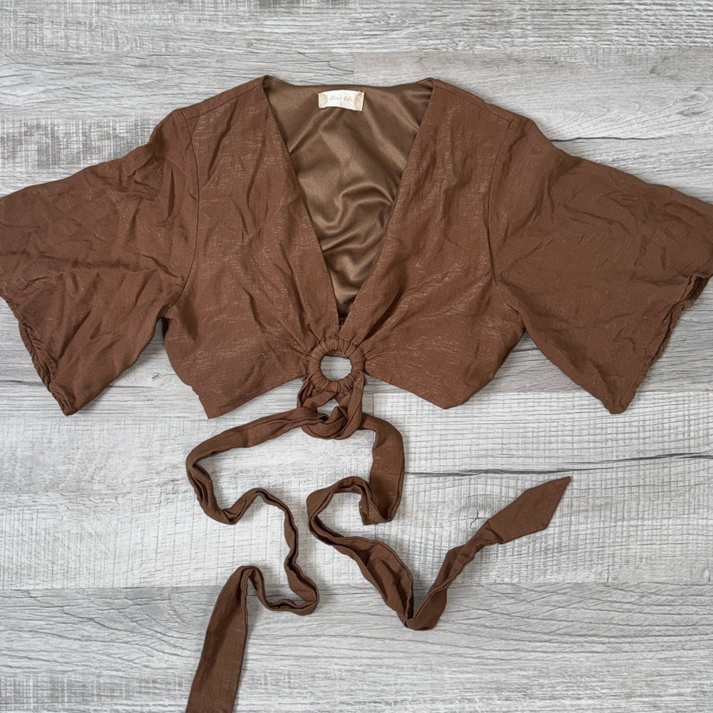 Altard State Brown Tie Front Crop Top Flutter Sleeve Ring‎ Detail Women’s S Boho